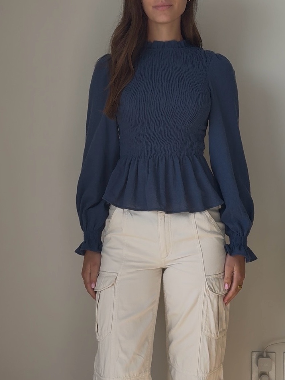 Zara Navy Smocked Peplum Long-Sleeve Blouse